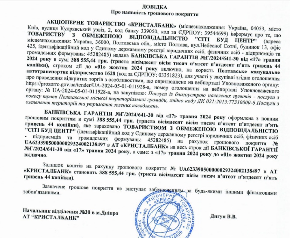 Ще один підозрілий факт: фінансові звіти підрядника говорять про недостатню фінансову спроможність фірми. Чистий прибуток за 2023 рік становив 9,9 тис. грн. Щоб уникнути цього, Ізюмський 17 травня оформив банківську гарантію на 388 тис. 555 грн до 1 жовтня 2024 р. Такий документ йому видала начальниця відділення №30 «Кристалбанку» у Дніпрі Валентина Дигун.