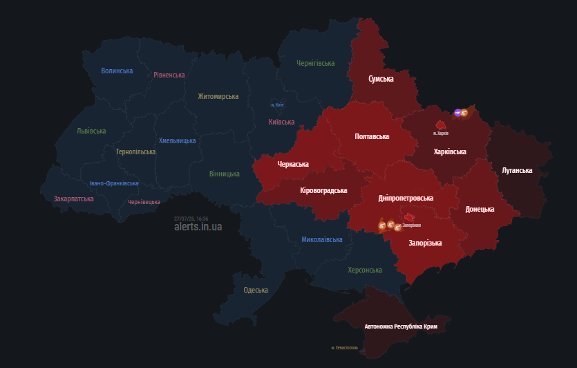Повітряні загрози для Полтавщини: мапа тривог 27 липня