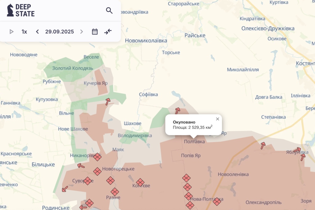 Полтавка розташована у Краматорському районі. За даними Deep State від 29 вересня, село перебуває під окупацією. 26 вересня за нього точилися бої. Генеральний штаб ЗСУ повідомляв про атаки ворога на Торецькому напрямку. За добу росіяни 12 разів атакували у районах населених пунктів Щербинівка, Клебан-Бик, Русин Яр, Софіївка та Полтавка.