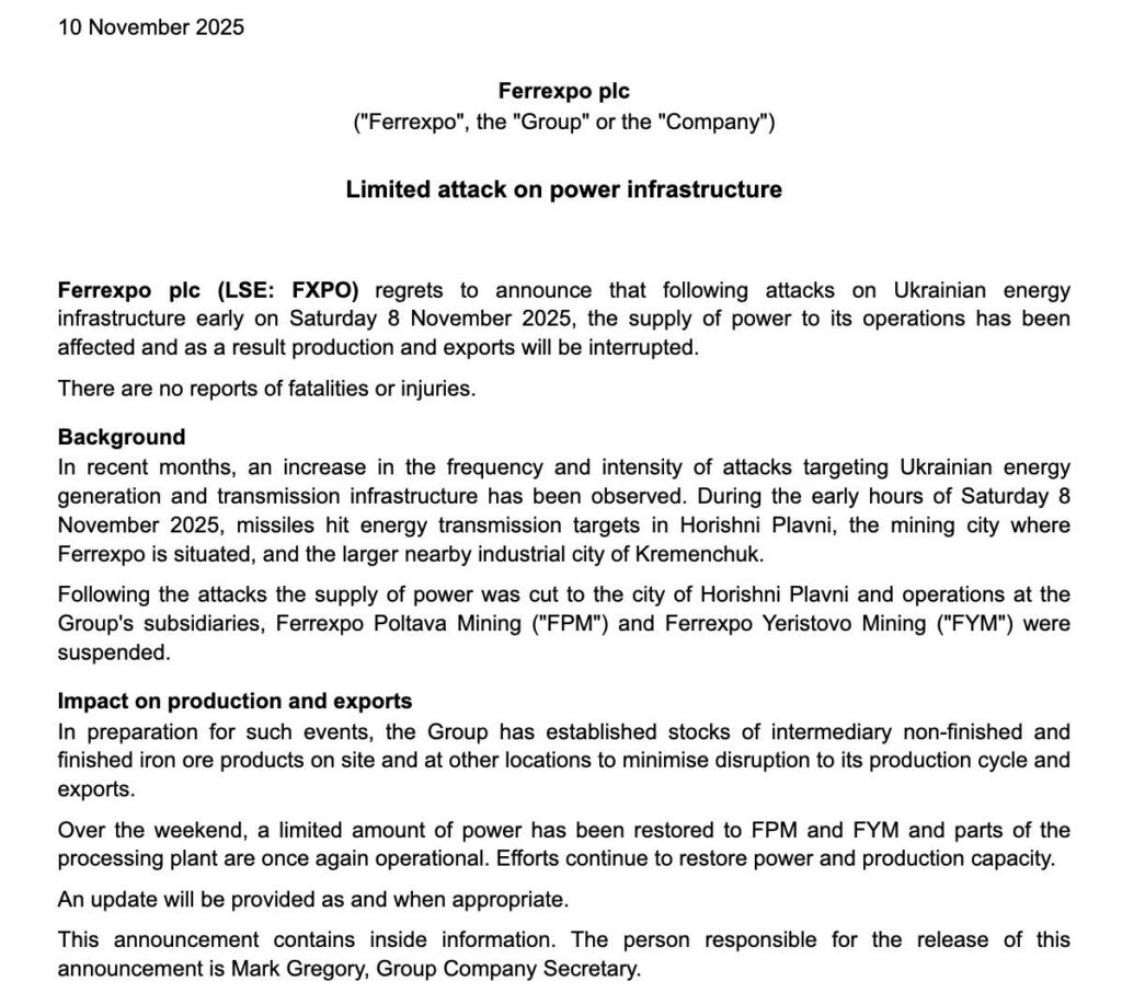 Ferrexpo зупинила роботу – Полтавський ГЗК та Єристівський ГЗ не працюють. Про це йдеться у повідомленні компанії на Лондонській фондовій біржі (LSE) від 10 листопада.