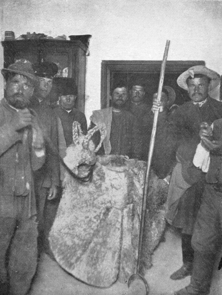 1915 рік. Колядники водять козу.  Ілюстрації до «Матеріалів з народної словесності Полтавської губернії. Роменський повіт». Фото П. О. Гнідича, джерело – «Стара Полтава»