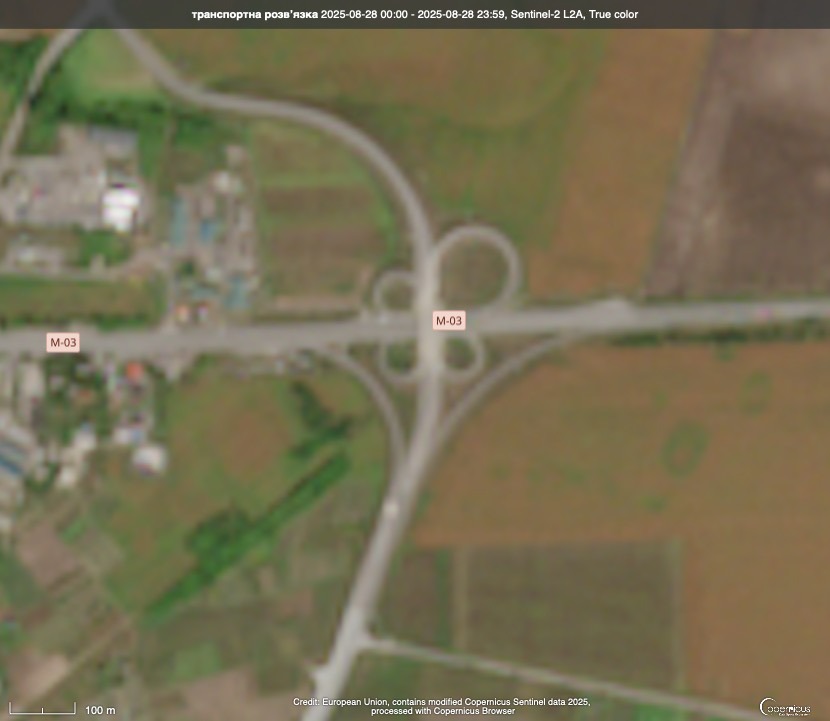 Супутниковий знімок транспортної розвʼязки М-03 та Н-31 поблизу Решетилівки