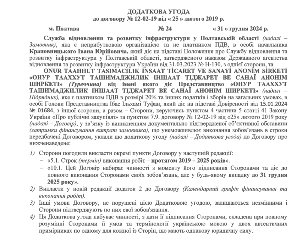 Додаткова угода №5 між Службою відновлення та розвитку інфраструктури у Полтавській області та підрядником з Туреччини.