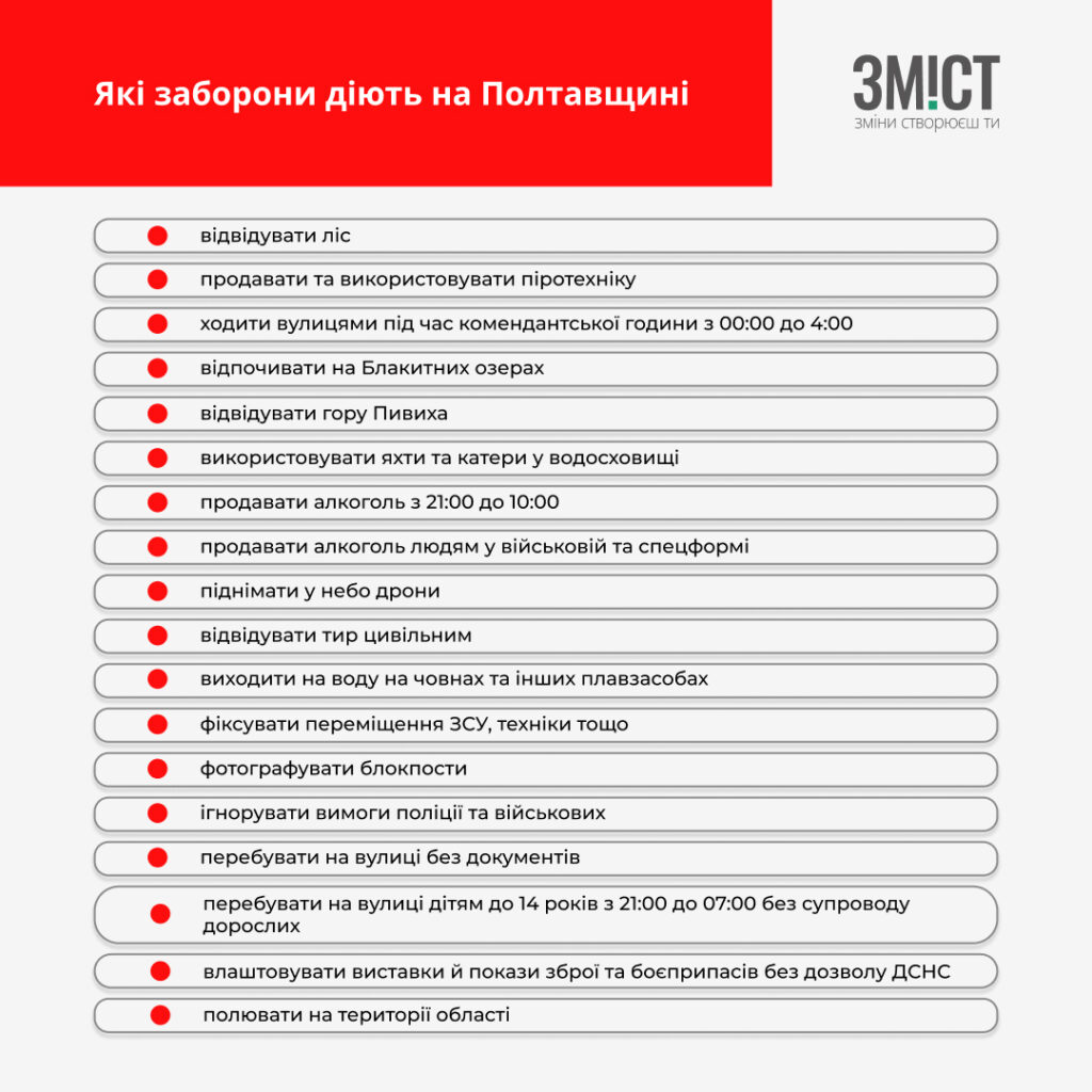 Комендантська година у Полтаві та області триває з 00:00 до 04:00. Також зберегли інші обмеження, які діють під час воєнного стану.