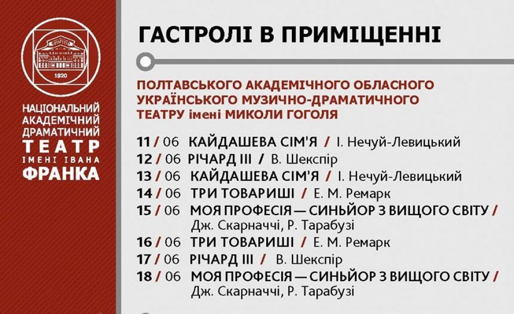 Знаний київський театр у червні покаже полтавцям 8 вистав