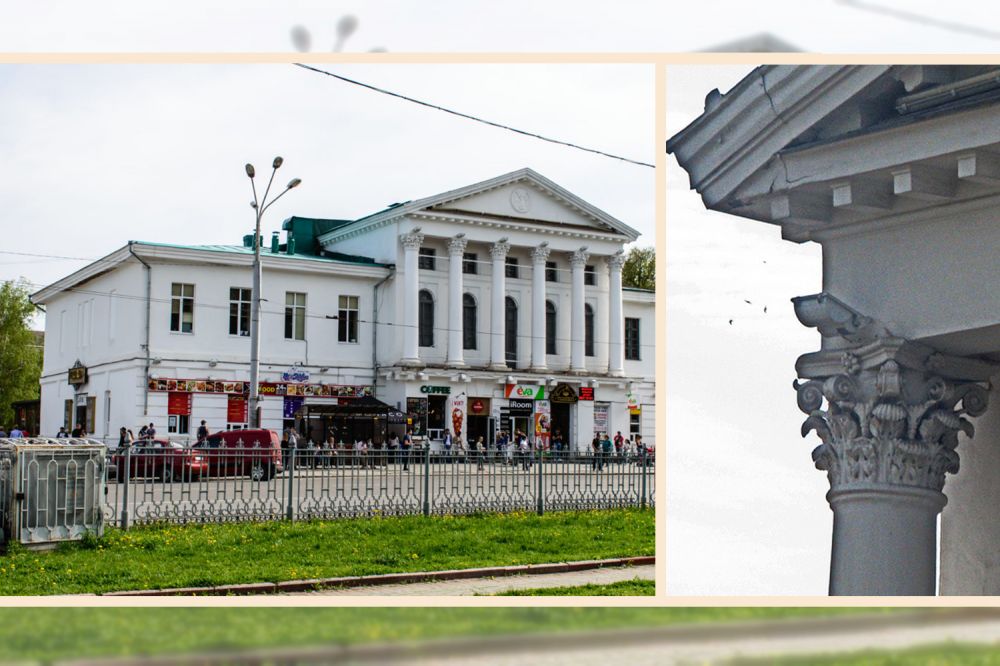 Кінотеатр імені І. Котляревського (будинок Дворянського зібрання) та капітель його колони. Джерело фото - savepoltava.city, ukrainaincognita.com